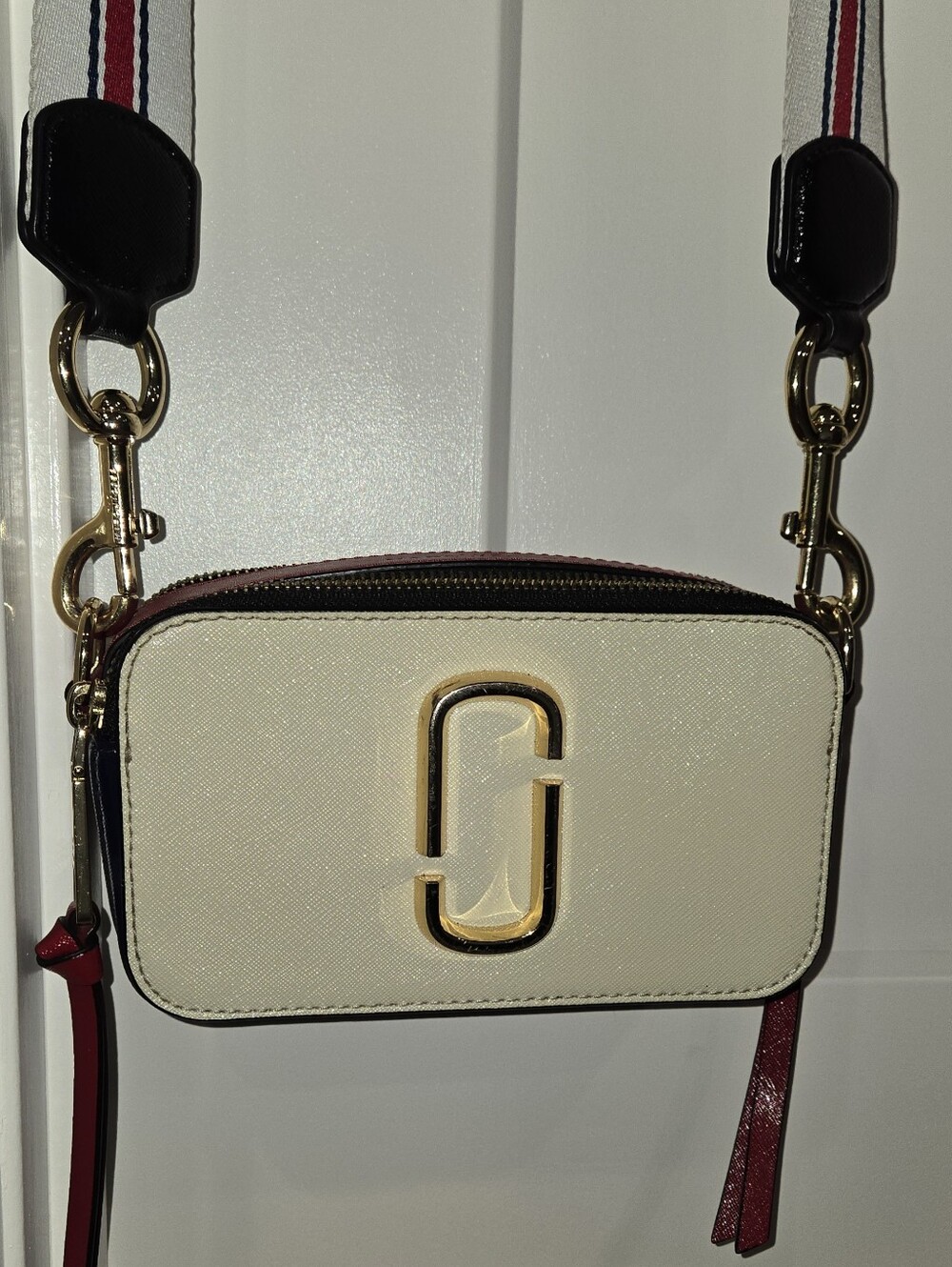 Marc Jacobs Snapshot Bag White Leather Crossbody with Red & Blue Tricolor Strap - Picture 5 of 16